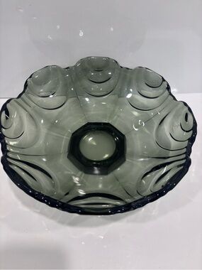 vintage pressed glass console bowl  Smokey Grey 10.5”